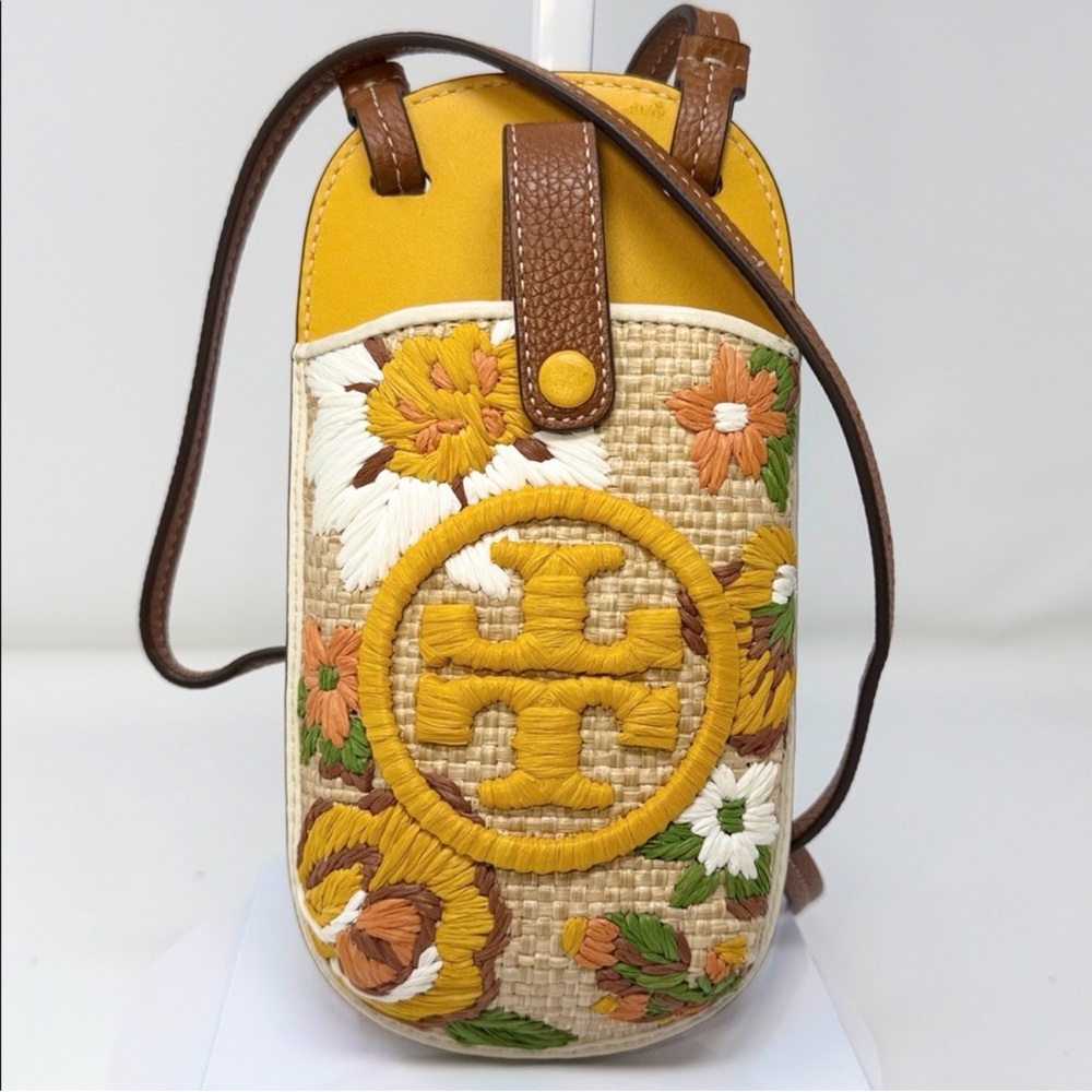 Tory Burch RARE Perry Bombe Embroidered Straw Phone Crossbody